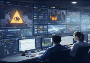 Cellule de crise d’un groupe assurance supervisant une situation de crise et des incidents