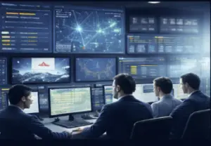 Centre de supervision d’un groupe bancaire pilotant une situation de crise et la coordination des équipes