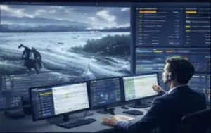 Centre de supervision d’un groupe transport surveillant une inondation et des perturbations du réseau